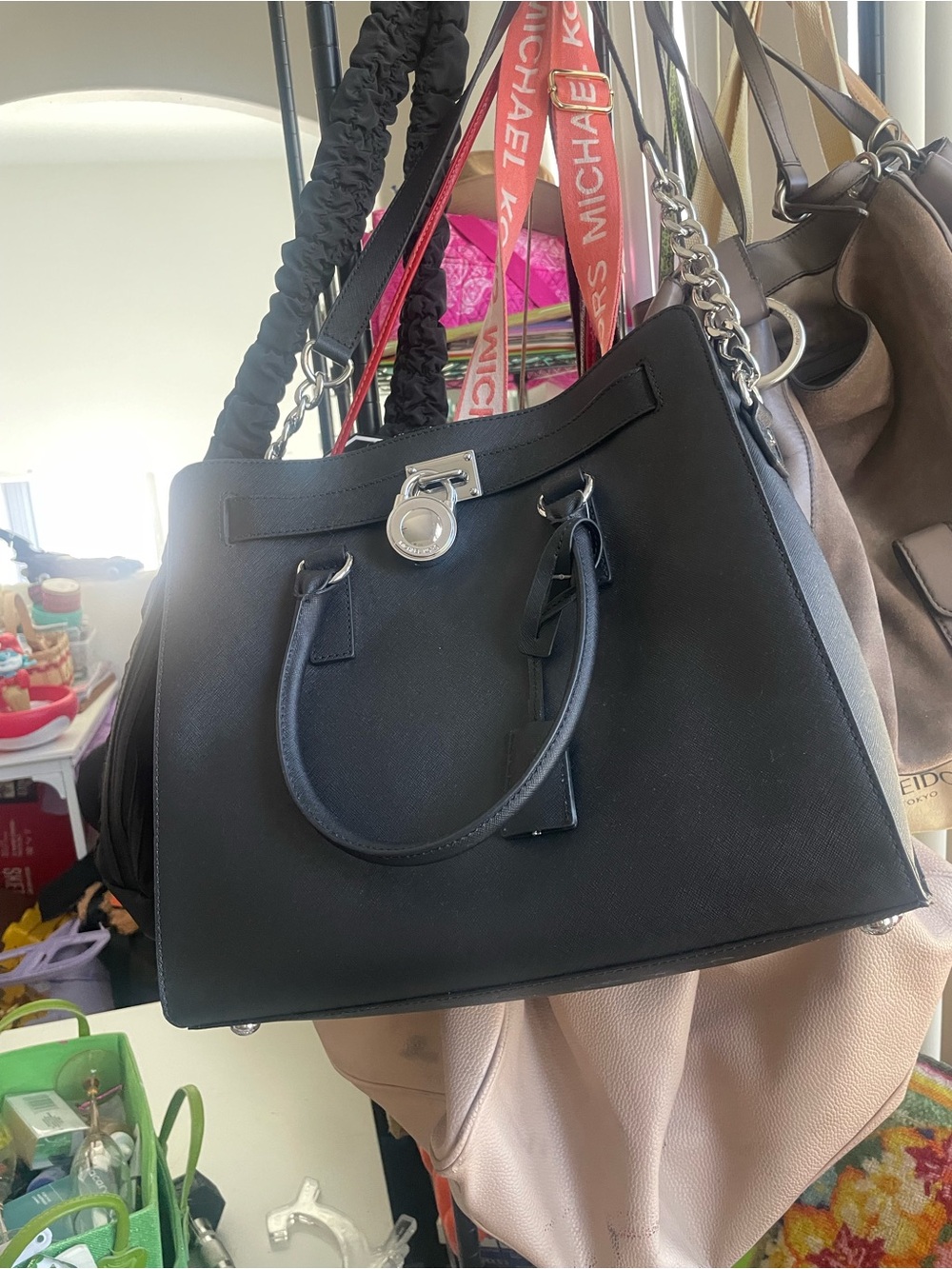 Michael Kors Black Leather Satchel with Silver Turn-Lock